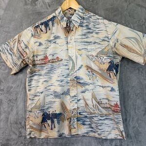 Reyn Spooner Hawaiian Traditionals Vintage Ocean Sea Racing Photo Print Shirt L